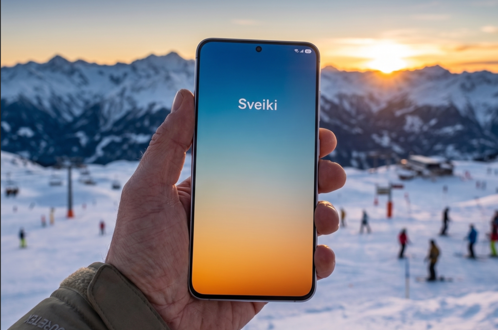 ametni telefon (podobno kot Samsung Galaxy) na ki prikazuje pozdravni zaslon z litvanskim napisom "Sveiki".
